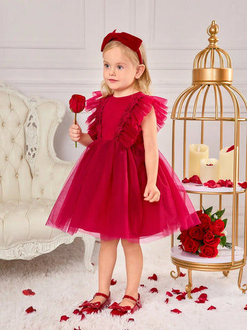 Young Girl Elegant Burgundy Color Ruffle Trim Sleeveless Mesh Dress