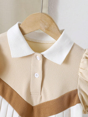 Young Girl Elegant Collared Tri-Color Patchwork Pleated Hem Puff Sleeve Knee-Length Dress
