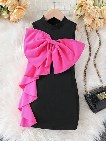Young Girl Elegant Color-Blocking Bow Decor Ruffle Hem Sleeveless Dress