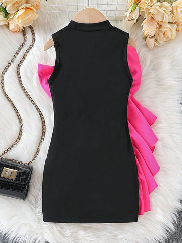 Young Girl Elegant Color-Blocking Bow Decor Ruffle Hem Sleeveless Dress