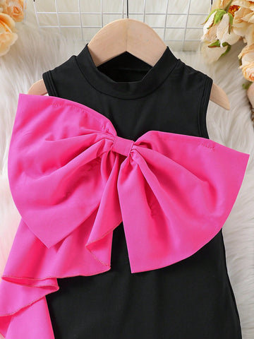 Young Girl Elegant Color-Blocking Bow Decor Ruffle Hem Sleeveless Dress
