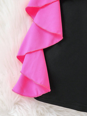 Young Girl Elegant Color-Blocking Bow Decor Ruffle Hem Sleeveless Dress
