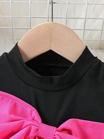 Young Girl Elegant Color-Blocking Bow Decor Ruffle Hem Sleeveless Dress