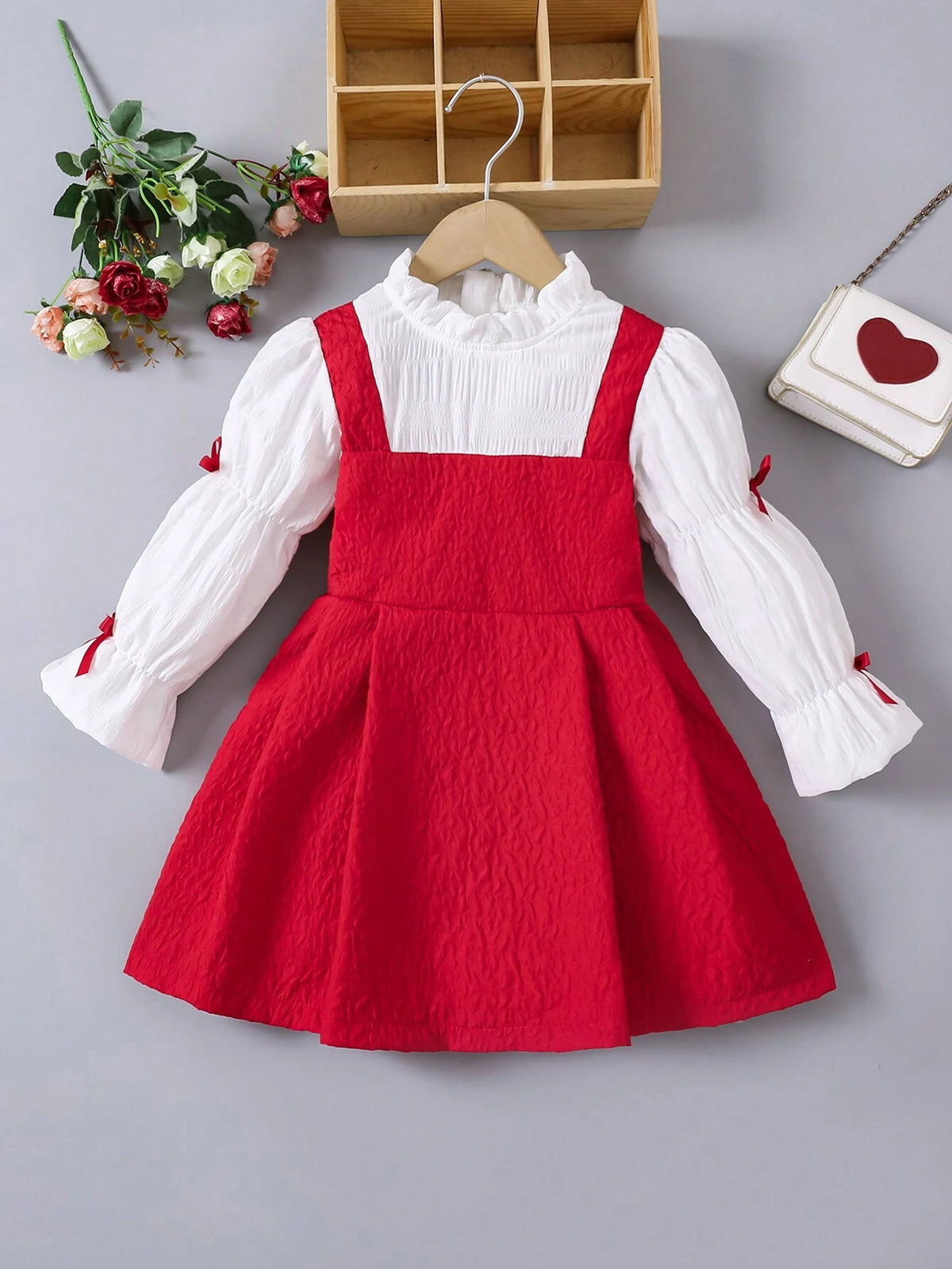 Young Girl Elegant Color Block Puff Sleeve Dress With Bow Decor, Autumn