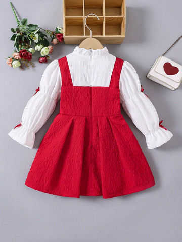 Young Girl Elegant Color Block Puff Sleeve Dress With Bow Decor, Autumn