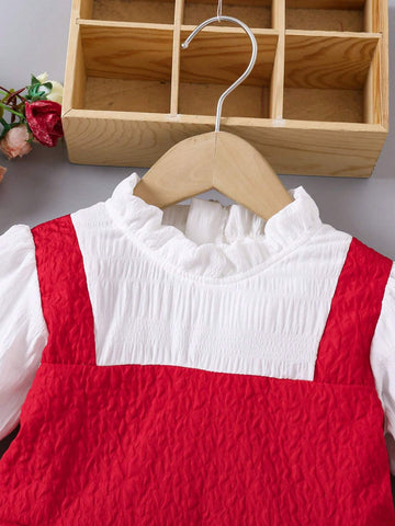 Young Girl Elegant Color Block Puff Sleeve Dress With Bow Decor, Autumn