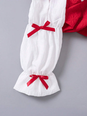 Young Girl Elegant Color Block Puff Sleeve Dress With Bow Decor, Autumn