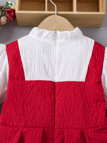 Young Girl Elegant Color Block Puff Sleeve Dress With Bow Decor, Autumn