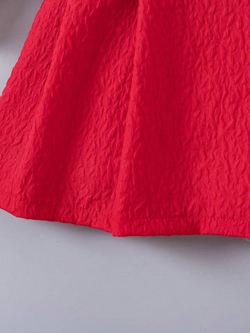 Young Girl Elegant Color Block Puff Sleeve Dress With Bow Decor, Autumn