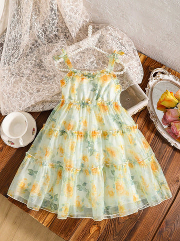 Young Girl' Elegant Floral Digital Print Chiffon Sleeveless Bow Decor Cake Dress, Summer