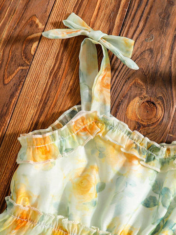 Young Girl' Elegant Floral Digital Print Chiffon Sleeveless Bow Decor Cake Dress, Summer