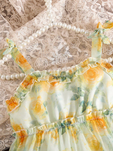 Young Girl' Elegant Floral Digital Print Chiffon Sleeveless Bow Decor Cake Dress, Summer