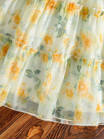 Young Girl' Elegant Floral Digital Print Chiffon Sleeveless Bow Decor Cake Dress, Summer