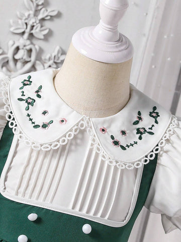 Young Girl Elegant Lady Princess Academy Contrast Floral Embroidery Peter Pan Collar Puff Sleeve 2 In 1 Splicing Square Neck A-Line Knee Length Dress,