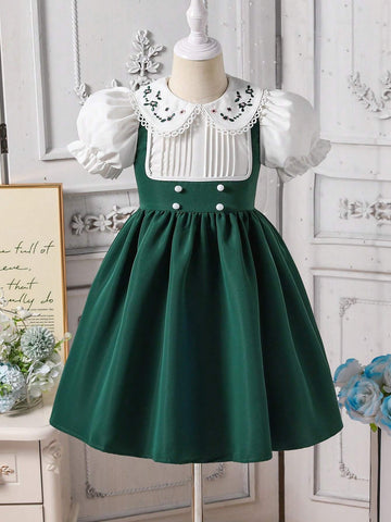 Young Girl Elegant Lady Princess Academy Contrast Floral Embroidery Peter Pan Collar Puff Sleeve 2 In 1 Splicing Square Neck A-Line Knee Length Dress,