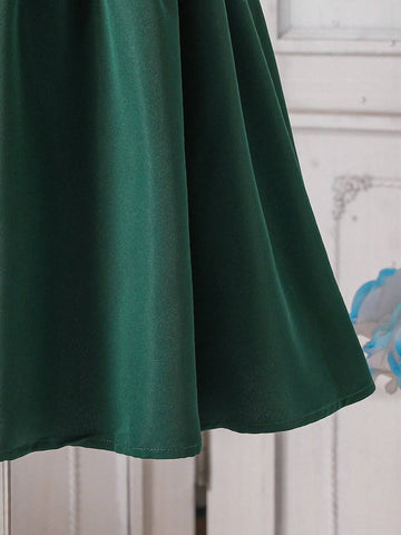 Young Girl Elegant Lady Princess Academy Contrast Floral Embroidery Peter Pan Collar Puff Sleeve 2 In 1 Splicing Square Neck A-Line Knee Length Dress,