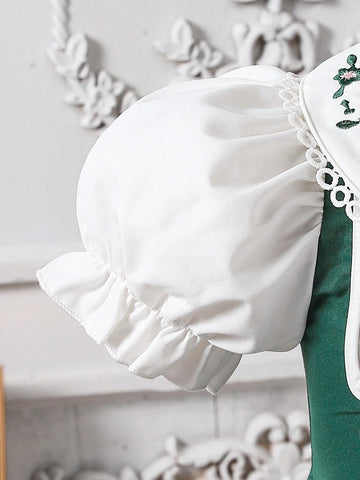 Young Girl Elegant Lady Princess Academy Contrast Floral Embroidery Peter Pan Collar Puff Sleeve 2 In 1 Splicing Square Neck A-Line Knee Length Dress,