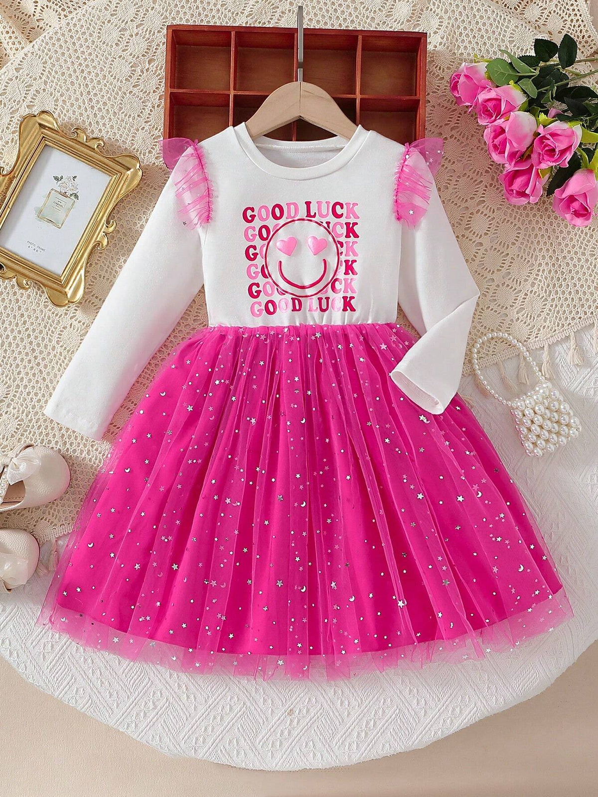 Young Girl Elegant Letter & Smiling Print Patchwork Long Sleeve Sequin Moon & Star Net Mesh Hem Dress For Daily, Party Wear, Autumn Winter