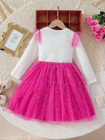 Young Girl Elegant Letter & Smiling Print Patchwork Long Sleeve Sequin Moon & Star Net Mesh Hem Dress For Daily, Party Wear, Autumn Winter