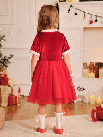 Young Girl Elegant Luxury Chic Princess Red Plush & White Fluffy Mesh Trim Round Neck Short Sleeve Dress