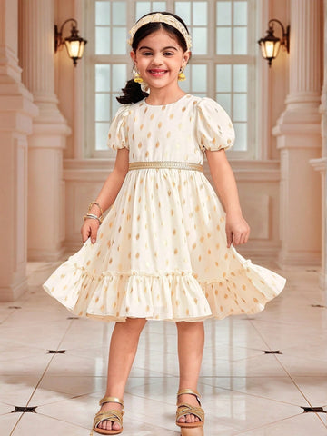 Young Girl Elegant Metallic Polka Dot Ruffle Trim Cute Hair Tie Decor Dress