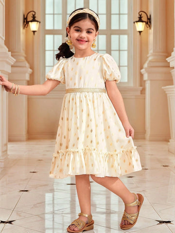 Young Girl Elegant Metallic Polka Dot Ruffle Trim Cute Hair Tie Decor Dress