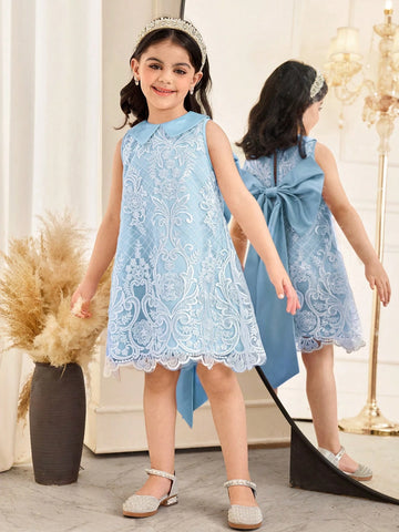 Young Girl Elegant Peter Pan Collar Back Big Bowknot Decor Sleeveless A-Line Lace Dress