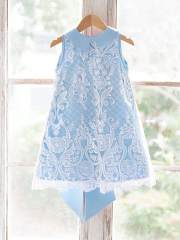 Young Girl Elegant Peter Pan Collar Back Big Bowknot Decor Sleeveless A-Line Lace Dress