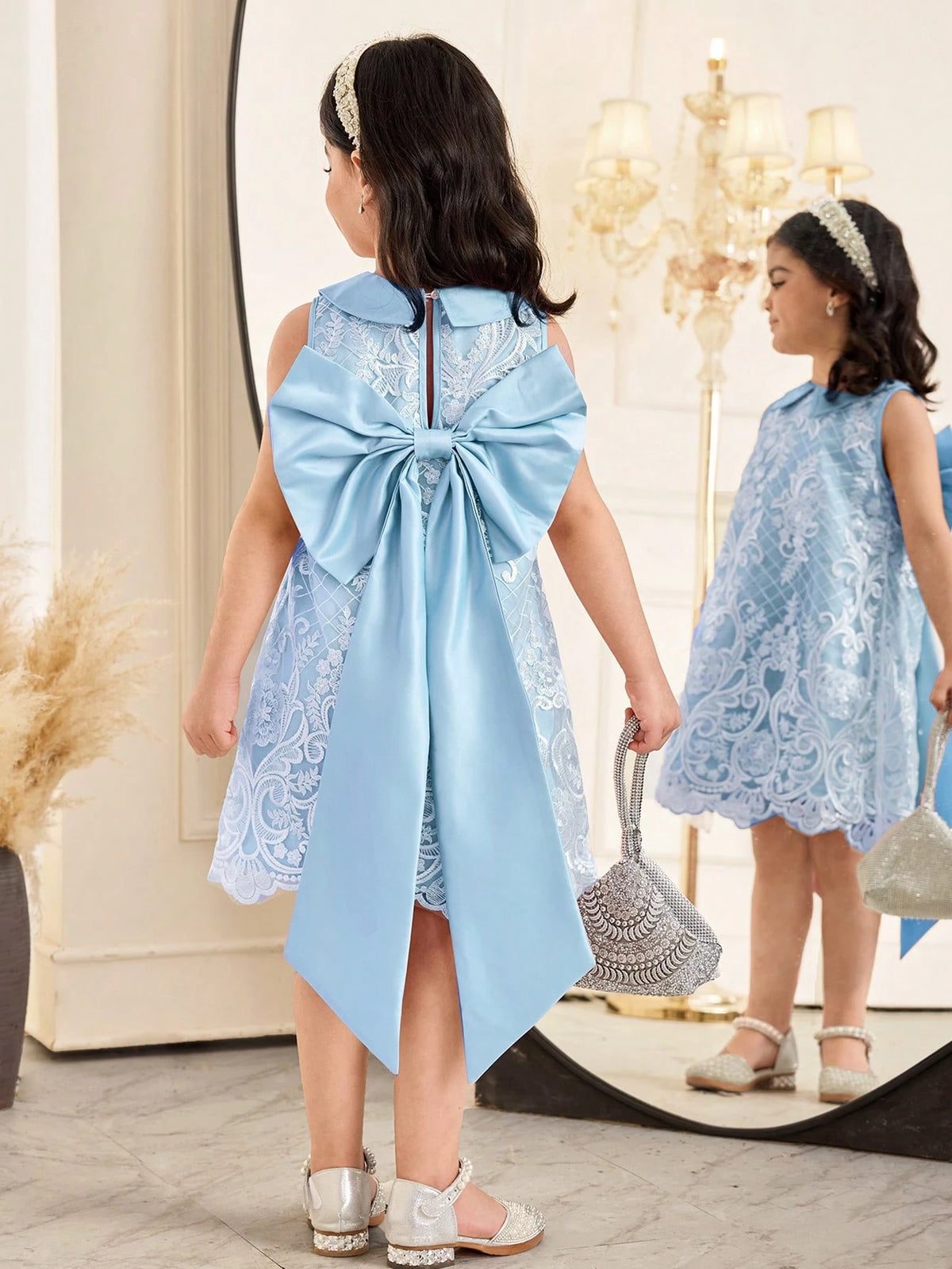 Young Girl Elegant Peter Pan Collar Back Big Bowknot Decor Sleeveless A-Line Lace Dress