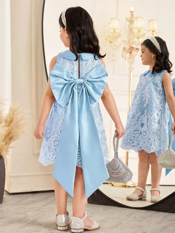 Young Girl Elegant Peter Pan Collar Back Big Bowknot Decor Sleeveless A-Line Lace Dress