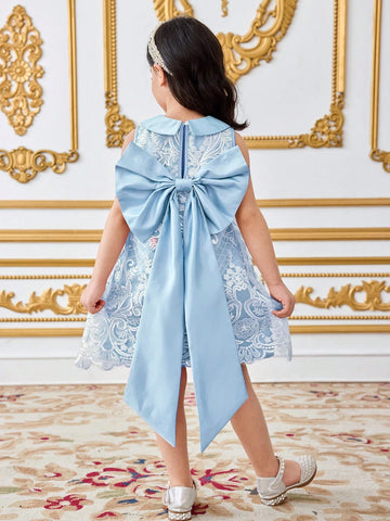 Young Girl Elegant Peter Pan Collar Back Big Bowknot Decor Sleeveless A-Line Lace Dress