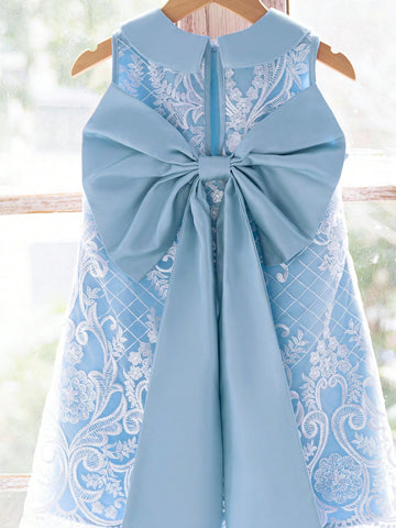 Young Girl Elegant Peter Pan Collar Back Big Bowknot Decor Sleeveless A-Line Lace Dress