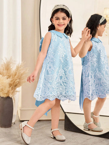 Young Girl Elegant Peter Pan Collar Back Big Bowknot Decor Sleeveless A-Line Lace Dress