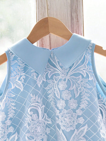 Young Girl Elegant Peter Pan Collar Back Big Bowknot Decor Sleeveless A-Line Lace Dress