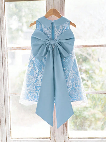 Young Girl Elegant Peter Pan Collar Back Big Bowknot Decor Sleeveless A-Line Lace Dress