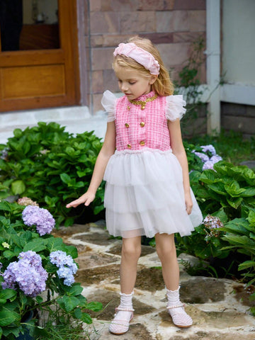 Young Girl Elegant Pink Plaid & White Mesh Patchwork Dress, Suitable For Daily And Formal Occasions