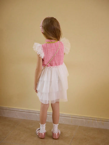 Young Girl Elegant Pink Plaid & White Mesh Patchwork Dress, Suitable For Daily And Formal Occasions