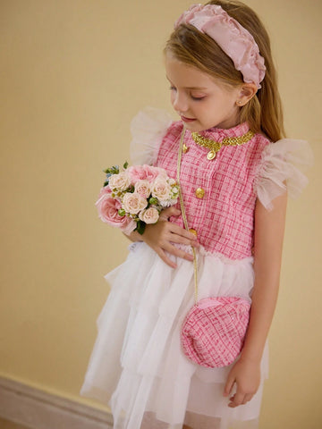Young Girl Elegant Pink Plaid & White Mesh Patchwork Dress, Suitable For Daily And Formal Occasions
