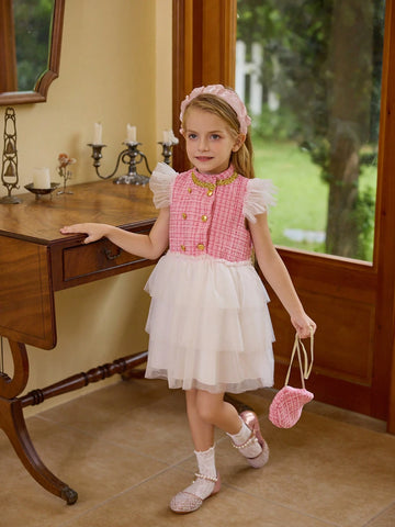Young Girl Elegant Pink Plaid & White Mesh Patchwork Dress, Suitable For Daily And Formal Occasions