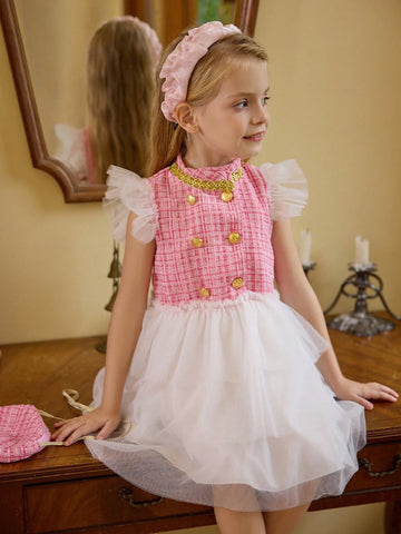 Young Girl Elegant Pink Plaid & White Mesh Patchwork Dress, Suitable For Daily And Formal Occasions
