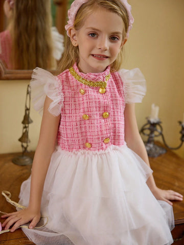 Young Girl Elegant Pink Plaid & White Mesh Patchwork Dress, Suitable For Daily And Formal Occasions