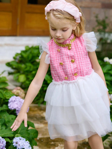 Young Girl Elegant Pink Plaid & White Mesh Patchwork Dress, Suitable For Daily And Formal Occasions