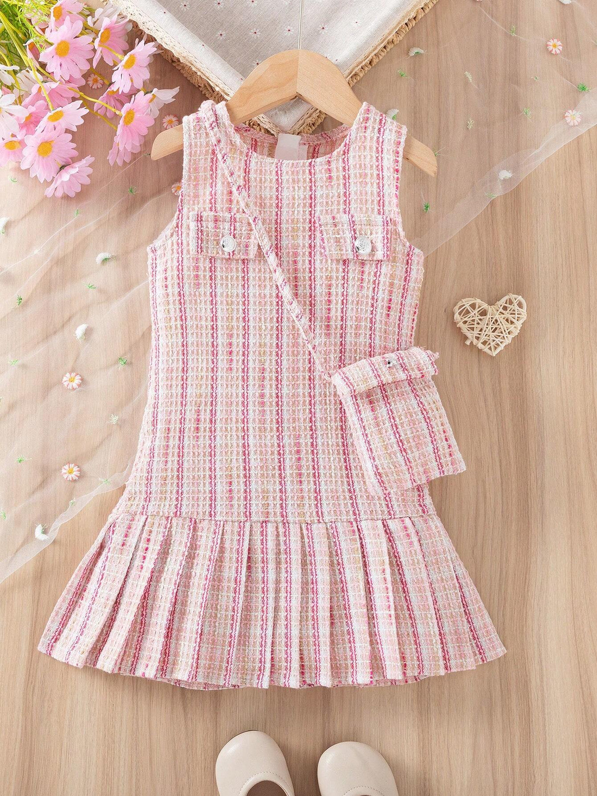 Young Girl Elegant Plaid Dress With Ruffle Hem And Sleeveless Design, Includes A Cute Ladylike Bag, Summer