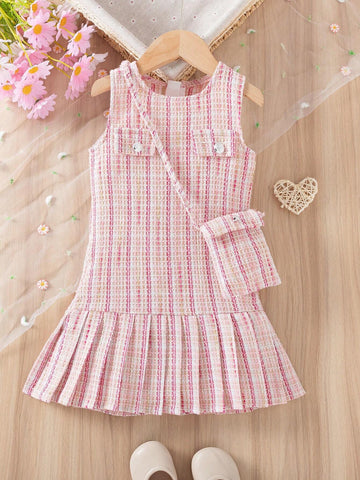 Young Girl Elegant Plaid Dress With Ruffle Hem And Sleeveless Design, Includes A Cute Ladylike Bag, Summer