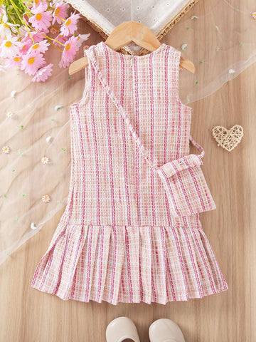 Young Girl Elegant Plaid Dress With Ruffle Hem And Sleeveless Design, Includes A Cute Ladylike Bag, Summer