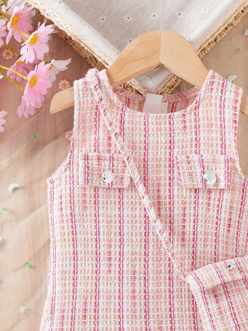 Young Girl Elegant Plaid Dress With Ruffle Hem And Sleeveless Design, Includes A Cute Ladylike Bag, Summer