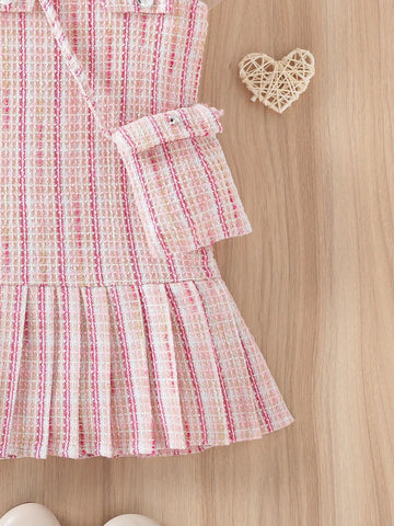 Young Girl Elegant Plaid Dress With Ruffle Hem And Sleeveless Design, Includes A Cute Ladylike Bag, Summer