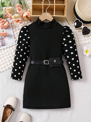 Young Girl Elegant Polka Dot Puff Sleeve Stand Collar Dress, Spring Autumn