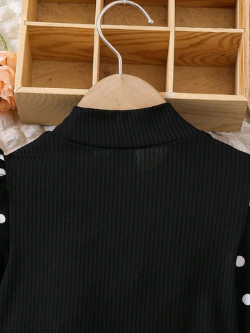 Young Girl Elegant Polka Dot Puff Sleeve Stand Collar Dress, Spring Autumn