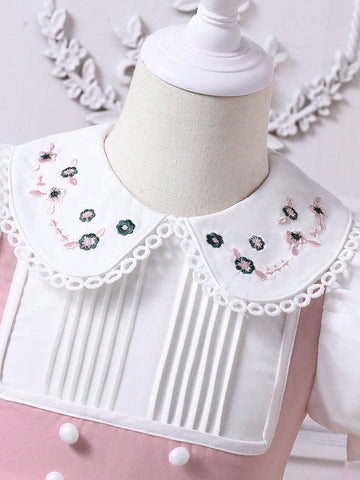 Young Girl' Elegant Princess Academy Style Contrast Trim Embroidered Peter Pan Collar Puff Sleeve 2 In 1 High-Low Dress